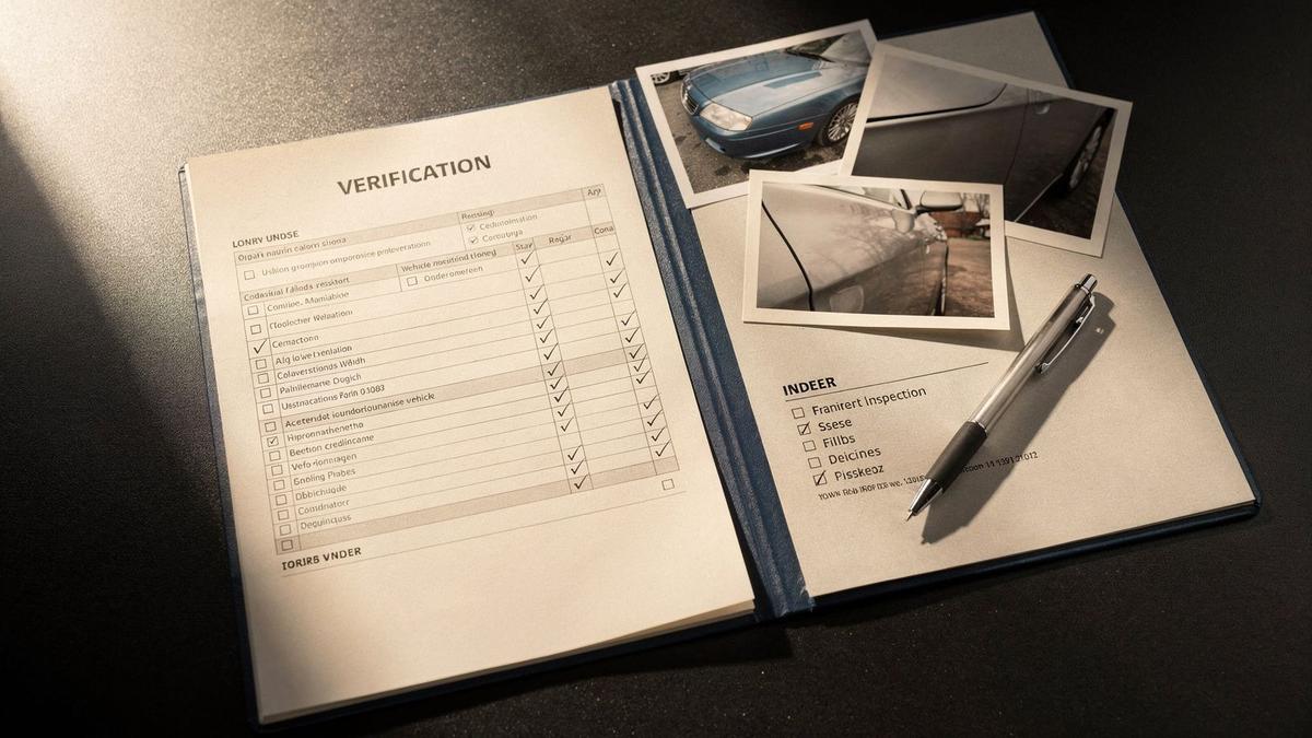 Anonymised vehicle dossier with printed checklists, condition photographs and a document index on a desk
