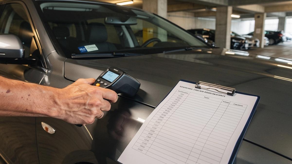 Coating gauge measuring paint thickness on the door of a used premium sedan